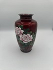 Japanese Sato Cloisonne Enamel Blood Red Foil Vase. Blooming Rose Pattern Pigeon