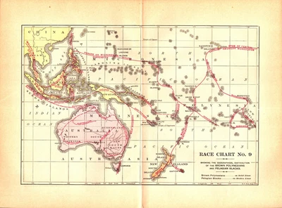 BROWN POLYNESIANS-PELAGIAN BLACKS GEOGRAPHICAL DISTRIBUTUION Antique map 1905 - Image 1 of 3