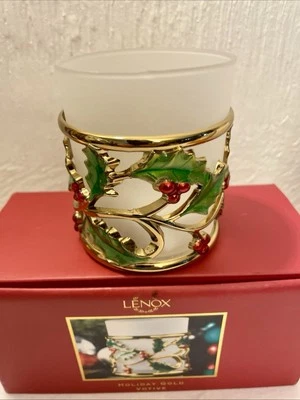 Lenox Holiday Gold Votive - Silver Metal Holly Candle Frosted Cup New In Box - Image 1 of 4