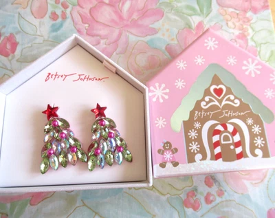 Betsey Johnson Christmas Tree Iridescent Rhinestone Dangle Drop Earrings BOXED - Image 1 of 4