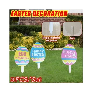 3 PCS Wooden Easter Egg Garden Stake Yard Signs Decoration Bunny Trail Colorf... - Picture 1 of 6