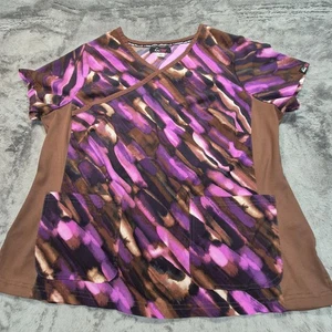 Koi Lite Scrub Top Womens 2X Purple Brown Mock Wrap Stretch Pockets Style 385PR - Picture 1 of 14