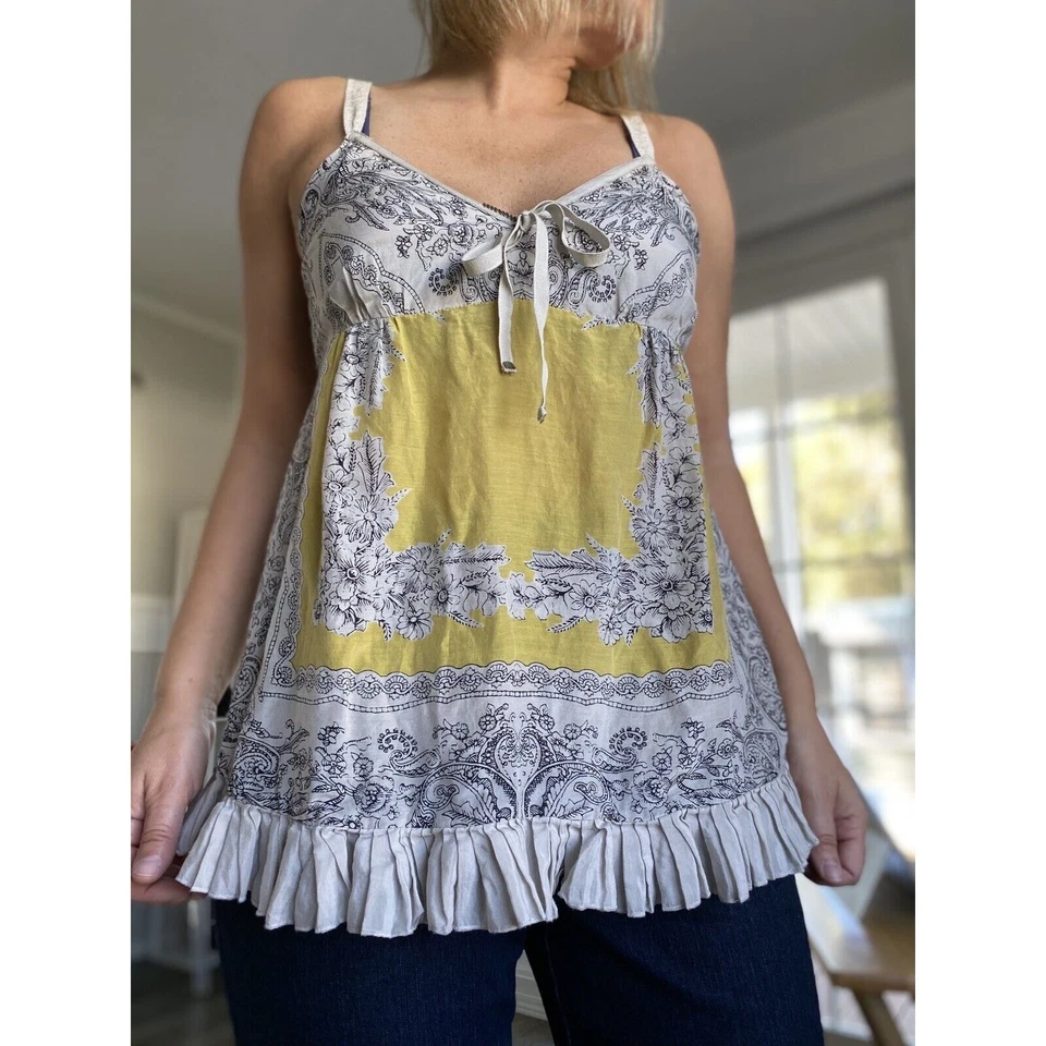 Lucky Brand 女式上衣灰色和黄色花卉棉/丝绸无袖 M 码 — 第 1/4 张图片