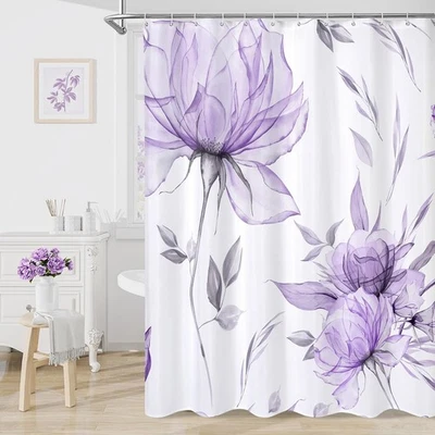 Purple and Grey Boho Watercolor Floral Shower Curtain, Ink Painting Style Blo... - Image 1 of 4