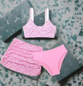 Girls ⬆️Waisted 3Pc Pink Floral Bikini W/Ruched Cover Up Skirt So Cute HTF - Picture 1 of 10