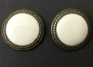 Vintage Pierced Post Earrings Brass Tone with Cream Enamel Button Centers - Picture 1 of 6