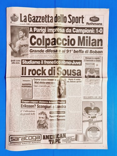Gazzetta Dello Sport – 6 Avril 1995 – PSG-Milan 0-1 – Boban, Paulo Sousa, Juventus