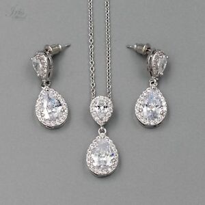 White Gold Plated Zirconia CZ Necklace Earrings Bridal Wedding Jewelry Set 06265