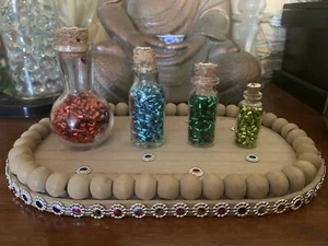 Four Mini Glass Bottles Filled With Tube Confetti On Wood Tray Decoration - Picture 1 of 4