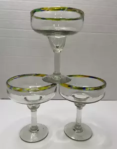 3 vasos de margarita con borde de confeti arco iris soplado a mano vidrio artístico mexicano - NUEVO - Imagen 1 de 8