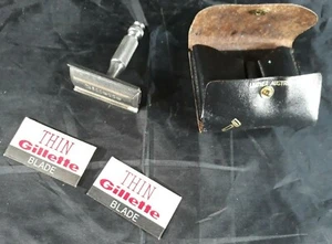 Antique Gillette Safety Travel Razor Shaving Black Leather Austria Mini Travel  - Picture 1 of 8