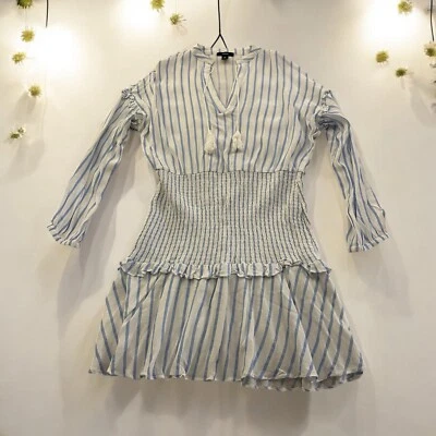 AQUA Striped Smocked Mini Dress Light Blue/ White Stripes Size L - Image 1 of 4