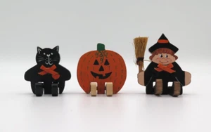Vintage Halloween Pumpkin Witch Black Cat Wooden Shelf Sitter Fall Autumn - Picture 1 of 5