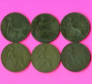 6 Great Britain 1 Penny Coins 1902 1904 1906 1907 1909 & 1910 - Picture 1 of 2