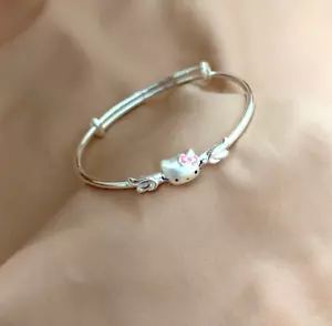 Women & Girl Silver Pink Bow Hello Kitty Cat Winged Adjustable Bangle Bracelet - Picture 1 of 2
