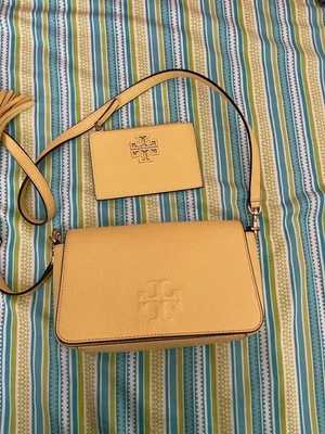 tory burch thea  flap crossbody Yellow Leather Handbag Purse Bag+Tory Card Pouch - Image 1 of 4