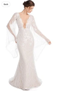 Luxury Lace Flare Sleeves Mermaid Wedding Dress Deep V Open Back Gown Size18 NWT - Picture 1 of 12