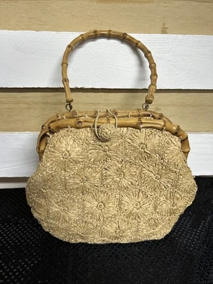 1950s Cream Raffia, Bead & Bamboo Handle Purse- Brass Hardware- Made In Japan - Image 1 of 4