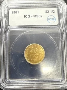 Moneda de 2,50 dólares cabeza libertad oro 1901 P MS62 cuarto de águila ICG MS 62 BU UNC W LUSTER - Imagen 1 de 14