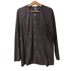 Chaqueta Larga Eileen Fisher Gamuza Cuero Cabra Talla M Marrón Suave Silenciosa Lujo - Imagen 1 de 8