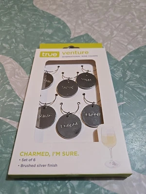 True Venture International 葡萄酒杯吊饰 6 件套/拉丝银色饰面 — 第 1/4 张图片