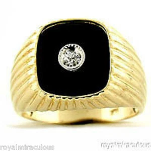 Mens Diamond Ring Onyx 14K Yellow Gold Band - Picture 1 of 2