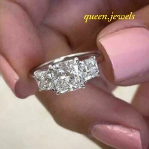 3CT Lab-Created Cushion Cut Diamond 3-Stone Wedding Ring 14K White Gold Finish - Picture 1 of 7