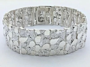 925 Sterling Silver Solid Nugget Bracelet Adjustable 8" 21.5mm 49.3 grams - Picture 1 of 9
