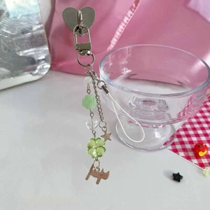 1PC Handmade Lucky Cat Clover Mobile Phone Chain Beaded Pendant Y2K Keychain - Zdjęcie 1 z 7