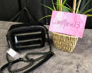 New! REBECCA MINKOFF Black Velvet 4 Zip Moto Camera Bag Crossbody Chain Strap - Picture 1 of 7