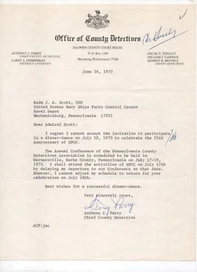 1970 letter signed by Chief Detective Anthony Parry, Dauphin County Pennsylvania - Picture 1 of 3