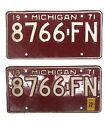 VINTAGE 1971 MICHIGAN LICENSE PLATES PAIR MATCH SET, FRONT AND REAR
