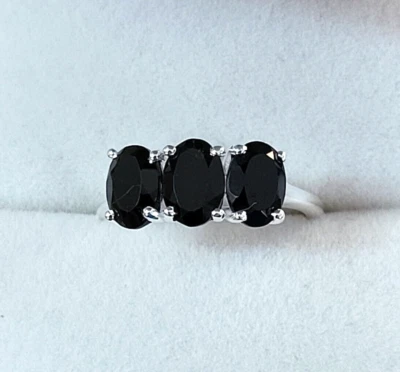 Natural Black Spinel 3-Stone Ring in Sterling Silver 3.30 ctw, Size 6 - Image 1 of 4