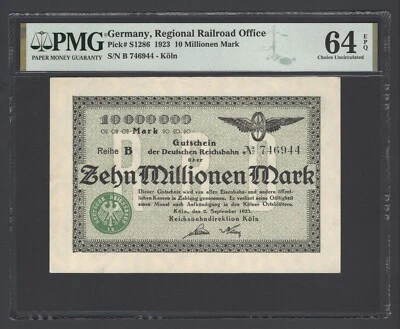 Germany- Railroad 10 Millionen Mark 1923 PS1286 Uncirculated Grade 64 - Image 1 of 2