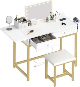 Bedroom Makeup Gold Vanity Table with Wood Drawers Padded Stool Charging Station - Picture 1 of 7