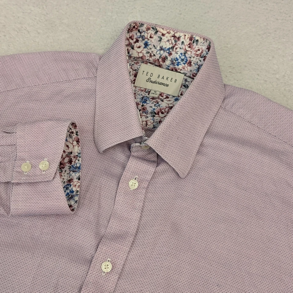 Camisa Ted Baker Para Hombres 16 34 35 Púrpura Rosa Punto Floral Resistencia Puño Abatible  Foto 1 de 4