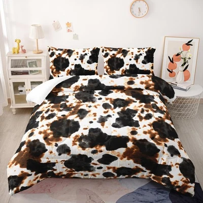 Cow Fur Print Comforter Set Queen Size,Black and Brown Cowhide Bedding Set,Pu... - Image 1 of 4