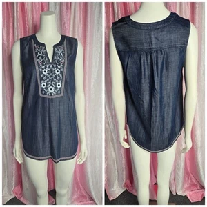 J. Jill Blue Denim Embroidered Floral Chambray Tunic Tank Top Size Small - Picture 1 of 13