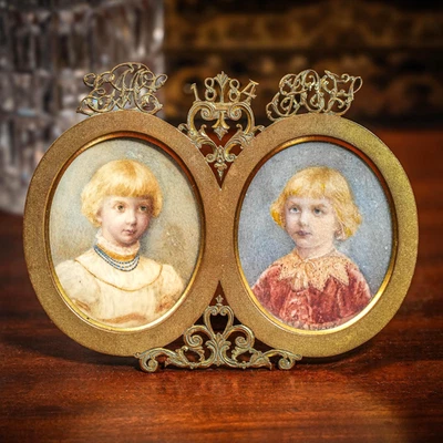 Amazing Portrait Miniature Painting Brass Frame Antique Victorian Boy and Girl - Image 1 of 4