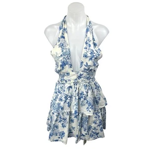 Olivaceous White Linen Floral Sleeveless Cami Halter Mini Fit & Flare Dress Sz L - Picture 1 of 5