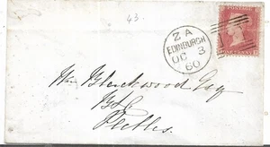 QUEEN VICTORIA 1d RED WITH EDINBURGH 131 CANCEL 1860 TO PEEBLES MY REF 6278 - Bild 1 von 2