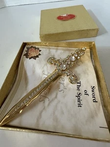 Vintage Sword Of The Spirit Brooch Gold Tone Rhinestone Brooch Rare Find - Picture 1 of 7