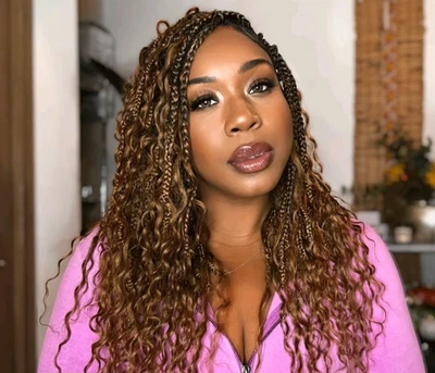 ¡Trenzas de caja preestiradas boho de ganchillo con cabello humano en bolsa sellada! 20" Color: T30 Foto 1 de 4