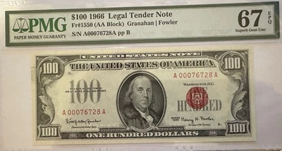 1966 $100 LEGAL TENDER RED SEAL PMG 67 EPQ Fr 1550 5 DIGIT SERIAL NUMBER - Image 1 of 2