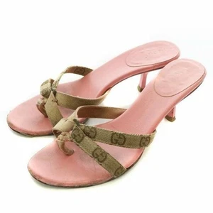 Auth GUCCI GG Sandals Mule Leather Low heel Size36.5 US6.5 Logo Pink Brown Women - Picture 1 of 24