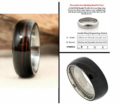 Anillo de boda de madera de koa hawaiano oscuro titanio grabado láser gratis de 6 mm Foto 1 de 4