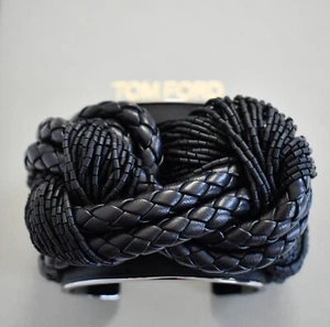 New TOM FORD Black Braided LEATHER Knot BEADED WIDE CUFF Statement Bracelet - Picture 1 of 12