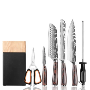 Knife Set, 7-Piece Kitchen Knife Set with Block Wooden Stainless Steel - Picture 1 of 6