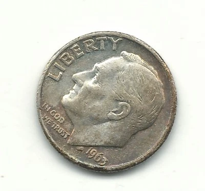 HIGH GRADE XF/AU 1963 P NICE TONING ROOSEVELT SILVER DIME- COIN IS BENT-DEC094 - Image 1 of 2