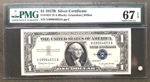 1957B $1 SILVER CERTIFICATE 🏆BLUE SEAL🏆 PMG 67 EPQ SUPERB GEM # V 09964653 A - Picture 1 of 2